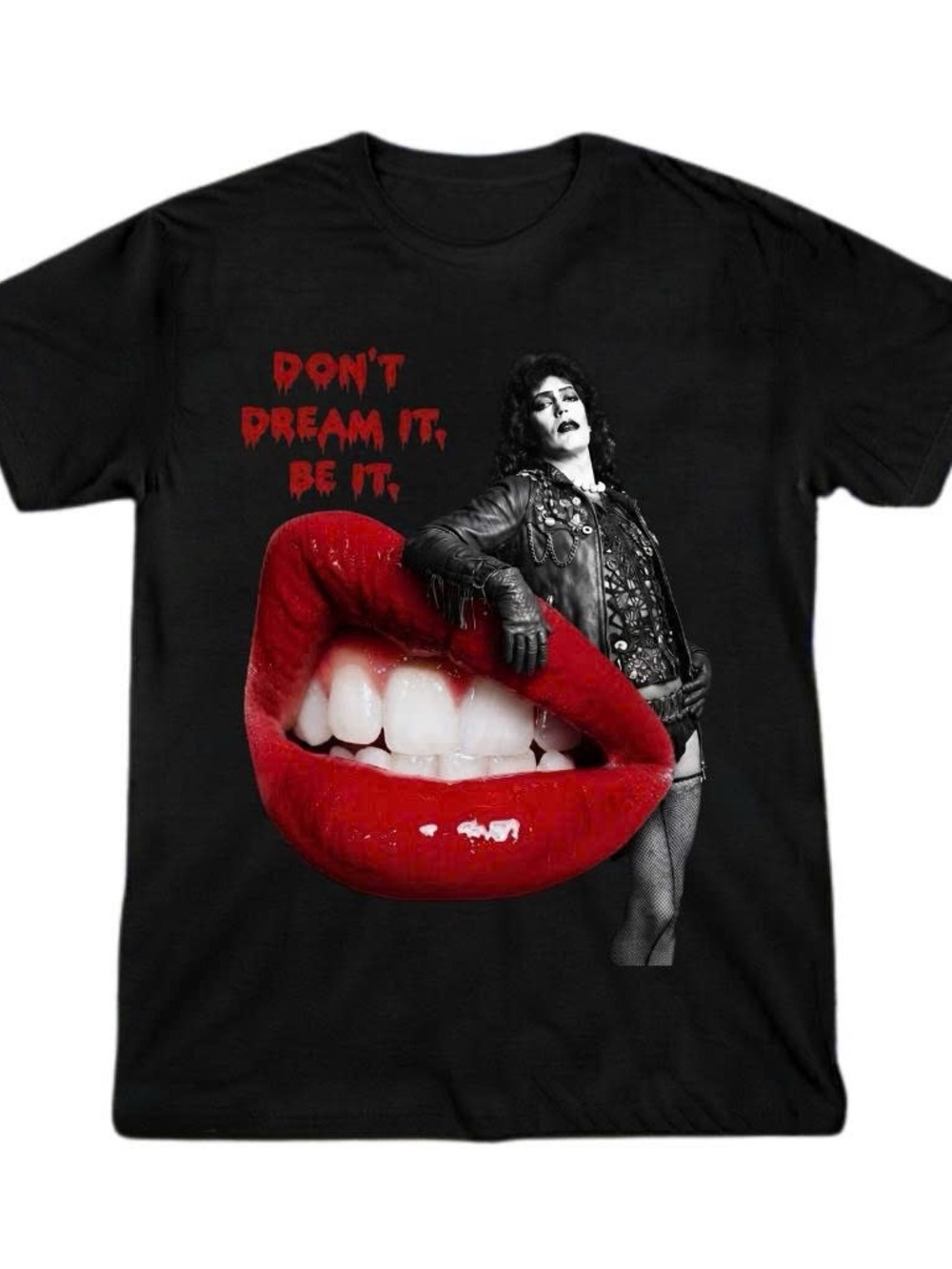 Gildan Shirt Tim Curry Black Graphic Tee with Red Lips